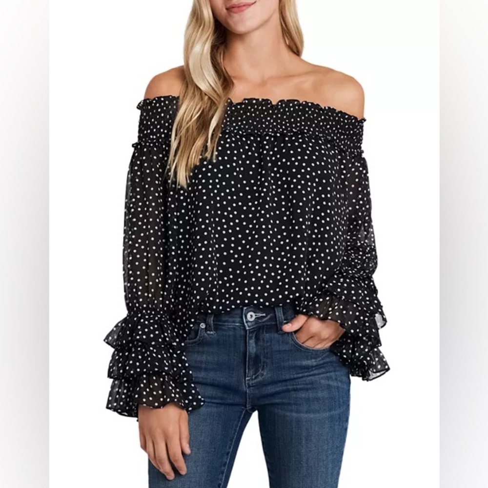CeCe Navy & White Polkadot Off the Shoulder Ruffle Blouse, size S